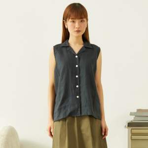 เสื้อลินินแขนกุดปกฮาวาย - สีกรมท่า