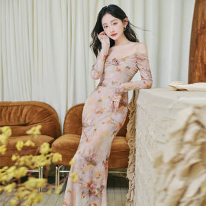 ชุดเดรสยาวแขนกุดคอวีแขนกุดทรงเข้ารูปสไตล์ฝรั่งเศสวินเทจ Pure Desire ปักลายดอกไม้ ชุดราตรีสุดหรูหรา