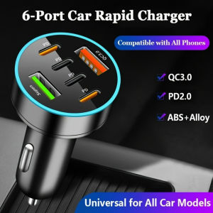 90W Car Charger 6 Ports PD QC3.0 Fast Charging USB Type C Car Phone Adapter for iPhone 15 Samsung Xiaomi Huawei Quick Charge 3.0