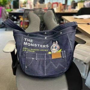 2025 New Korean Cartoon Embroidered Denim Single Shoulder Bag Crossbody Bag Large Capacity Commuting Tote Bag for Students