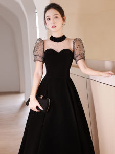 Black Evening Dress Long Skirt for Birthday Party High-End Luxury French Style with Stand Collar Mid-Waist Velvet Material for KTV Banquet Wedding