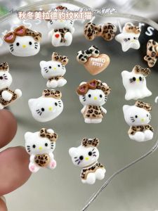 New Cute Leopard Print KT Cat Cartoon Nail Art Decorations Handmade Kitty Cat Butterfly Knot Wearable Nail Accessories