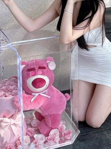 Strawberry Bear Rose Eternal Flower Bouquet Birthday Gift for Girls Friends Girlfriend Childrens Gift Mothers Day Toy Doll