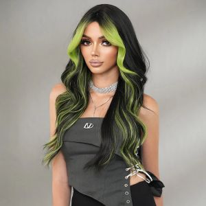 NAMM Layered Wig Synthetic light Green Wig for Women Cosplay Highlight Dyeing Green Wavy Wigs with Fluffy Bangs Resistant Fiber