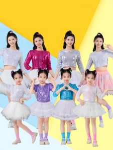 New Colorful Long Sleeve T-Shirt Dance Performance Outfit Sparkling Sequins Student Children Adult Six-One Performance Top