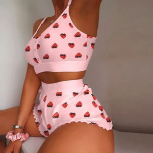 2025 New Women Sleepwear Lips Butterfly Print Home Suspended Pajamas Set Vest Bra Top Short Nightwear Lingerie Womens Nightgown