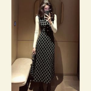 SHANGSHA | Elegant Dress High-fashion Ladylike Black Waist Accentuated Vest Style Dress