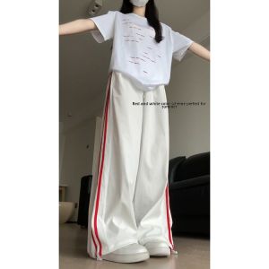New 2025 White Quick Dry Sports Pants Women Summer Thin High Waist Casual Straight American Stripe Wide Leg Pants Commute Style