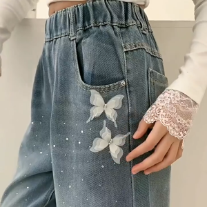 2026 Jeans For Kids Girl 7-15yrs Butterfly Rhinestone Baggy Jeans Maong Pants For Kids Girl OOTD For Kids Girl