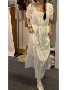 Elegant White Summer Dress Womens Knee-Length Draped French Style Skirt High Waist Short Sleeve Cake Skirt Pure Color