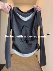 Faux Two-Piece V-Neck Long Sleeve T-Shirt Slim Fitting Flattering Spring