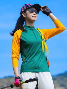 Long Sleeve T-Shirt Womens Summer New Fashion Splice Elastic Stand Collar Outdoor Casual Breathable Quick Dry Top