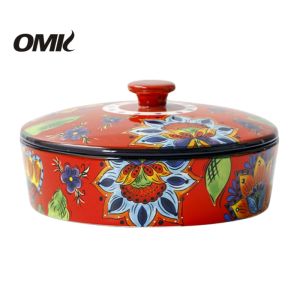 ชามเซรามิก1500มล. พร้อมฝาปิดแบ่งเป็นชามสลัดผลไม้กล่องเก็บขนมชุดรูปแบบดอกไม้สีแดงขนาดใหญ่