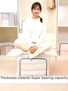 100L Stackable Clothes Storage Organizer with Lids Waterproof Foldable Steel Large Storage Oxford Cloth Material Storage Organizer for Bedding Clothing Toy Dustproof and Moisture-proof Wardrobe Storage Box