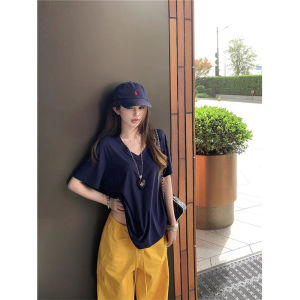 Áo Thun Tay Ngắn Cổ Chữ V Rộng Rãi Phong Cách Hàn Quốc Dành Cho Nữ Mùa Hè Màu Xanh Lam Thanh Lịch Tinh Tế Áo Ngắn Thanh Lịch