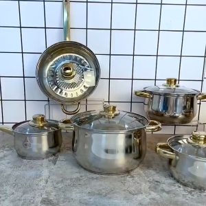 12PCS Stainless Steel Cookware Set with Non-Stick Frying Pan Soup Pots Milk Pan Glass Lids & 3L Whistling Kettle | Complete Kitchen Set