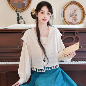 Womens Hanfu Shirt Long Sleeve Chicken Heart Collar Traditional Chinese Style New National Fashion Button up Polyester Fiber