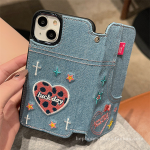 Embroidered Heart Denim Flip Cover Leather Case for iPhone 15 Cartoon Apple 14 pro Max New Model 16 pro Fashion Accessories