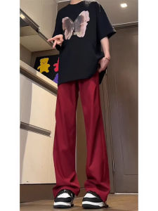 กางเกงลำลองชายผ้าไหมน้ำแข็งสีแดง เอวกลาง ทรงตรง แห้งเร็ว กระเป๋าตกแต่ง กางเกงขายาวทรงหลวม สไตล์ฤดูใบไม้ร่วง