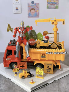 Large Size Construction Site Cake Decoration Excavator Building Blocks Boys Birthday Decorations Plastic Toy Tower Crane