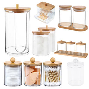 กล่องเก็บของอะคริลิคห้องน้ํา Jar แต่งหน้าผ้าฝ้ายรอบผู้ถือผ้าฝ้าย Swab กล่อง Qtip ผู้ถือพร้อมฝาปิดไม้ไผ่