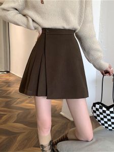 High Waist A-Line Mini Skirt Womens Woolen Pleated Slimming Skirts Asymmetrical Short Skirts Korean Style Commute Pure Color