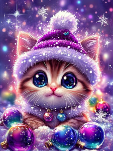 Huacan Full Square Round Drill Diamond Painting Christmas Purple Hat Kitten Diamond Embroidery Animal New Collection Gift