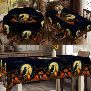 1 Piece Halloween Theme Tablecloth + 4 Pieces Self-Adhesive with Crow Moon Pumpkin Lantern Pattern Retro Exquisite Design Horror Atmosphere Scene Printing Embossed Edge Suitable for Home Kitchen Living Room Dining Table Balcony Coffee Table Hol...