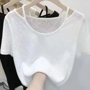 เสื้อยืดแขนสั้นผ้าตาข่ายทรงหลวมสไตล์อเมริกันสำหรับผู้หญิงในฤดูร้อน เสื้อเชิ้ตแขนสั้นบางโปร่งใส เสื้อคลุมคอวีลายดอกไม้