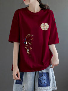 Reduction Sale Womens Wine Red Short Sleeve T-Shirt Summer Pure Cotton Artistic plus Size Slimming Chinese Style Top Trendy