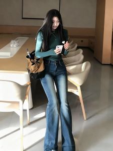 Retro American Low Waist Bell Bottom Jeans Womens Slimming Cat Claw Washed Hot Pants Autumn Fashion Ladies Denim Trousers