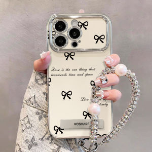 MrHaHa Casing for iphone 15 promax 15pro 15plus iPhone 16 15 14 13 12 11 Pro Max X XR Xs Max 8 7 6s Plus Simplicity Bowknot With Bracket Chain Electroplated Large Window Lens Phone Case Protective Silicone Shockproof Soft Back Cover