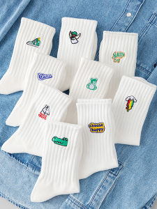 Mens Pure Cotton Antibacterial Mid-calf White Socks for Sports And Running Autumn Winter Seasonal High School Students Sports