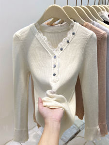 Slim Fit Long Sleeve V-Neck Knitted Sweater Womens Autumn Winter New Style Base Layer Inner Wear Top Lace Trimmed Korean Version