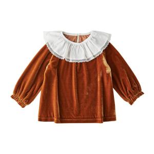 OAK FAMILY | เสื้อยืดผ้ากำมะหยี่แขนยาวสำหรับเด็กผู้หญิง Oak Family เสื้อคอตั้งลายคริสต์มาสพร้อมขอบลูกไม้ ทรงหลวม ฤดูใบไม้ร่วง/ฤดูหนาว