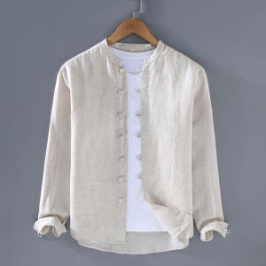 Mens Long Sleeve Linen Shirt Chinese Style Button Breathable Linen Fabric Fashion Urban Youth Casual Standard Fit Summer Shirt