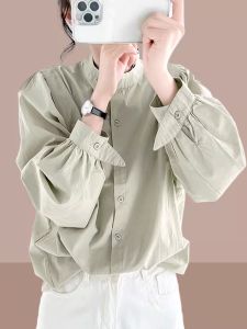 Áo Sơ Mi Dài Tay Ngắn Thời Trang Cho Nữ Mùa Xuân Thu Mới Về Phong Cách Ngọt Ngào Cổ Cao Tay Lửng Cotton 100%