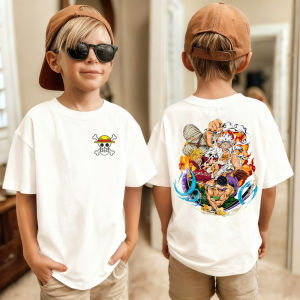 Bandai | 206 Boys Cotton T-Shirt One Piece Japanese Anime Print Luffy Pattern Cotton Crew Neck Top Suitable for Children Short-Sleeve