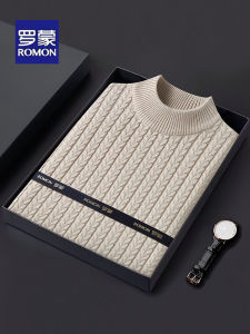 Lormen Mens Thickened Mid-Neck Pure Cotton Sweater Half-High Collar Knitted Winter Fashion Casual Long Sleeve T-Shirt