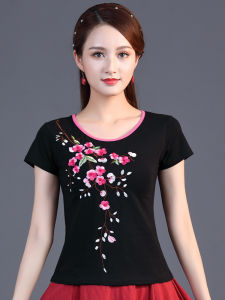 Summer New Style Womens Short Sleeve T-shirt Ethnic Retro Artistic Base Layer Shirt Cotton Stretchy Slim Fit round Neck Top