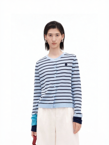 Cotton Acetate Blend Colorblock Stripe Knitted Cardigan Casual Loose Round Collar Top