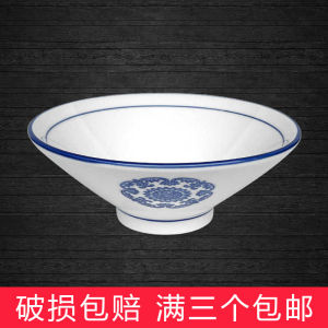 Retro Chinese Ceramic Funnel Bowl Wide Mouth Beef Noodle Soup Bowl Blue And White Glazed Commercial Use round Shape Bowl