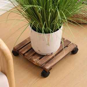 CHIZHIDU | Movable Load-bearing Carbonized Wood Flower Pot Tray With Swivel Wheels