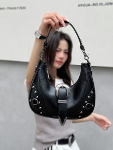 Fashionable Rivet Underarm Bag Womens Single Shoulder Crossbody Bag Trendy Commuter Crescent Bag Soft PU Leather Handbag