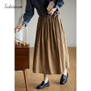Gray Cotton Linen A-Line Skirt with Belt Original Japanese Artistic Style Commuter Friendly High Waist Slimming Midi Skirt