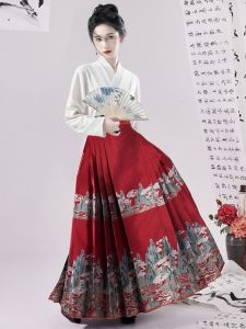 Original Han Dynasty [Thousand-Li Landscape] Imitation Makeup Flower Airplane Sleeve New Chinese Red Horse-Face Skirt Wedding Clothes Fall and Winter