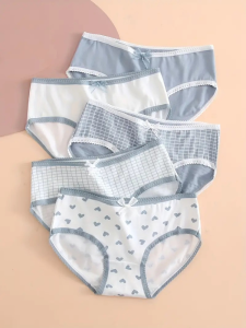 5Pcs Cute Bow Print WomenS Panties High Waist Breathable Comfy Plus Size Lingerie Underwear For Ladies Soft Cotton Briefs Sweet