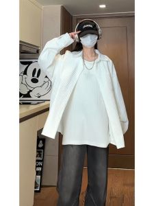 Mens Long Sleeve Shirt Wrinkles Texture American Style Couple Coat Spring New Fashion Casual Loose Fit Button Decoration