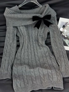 YUEZHONGWEI | Đầm Sweater Dệt Kim Cổ Trụ Xệ Nơ
