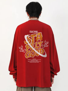 เสื้อยืดแขนยาวผู้ชาย สไตล์อเมริกัน ทรงหลวม ผ้าฝ้ายแท้ สีแดง เสื้อชั้นใน แฟชั่นฤดูใบไม้ผลิ 2024 สำหรับเยาวชน